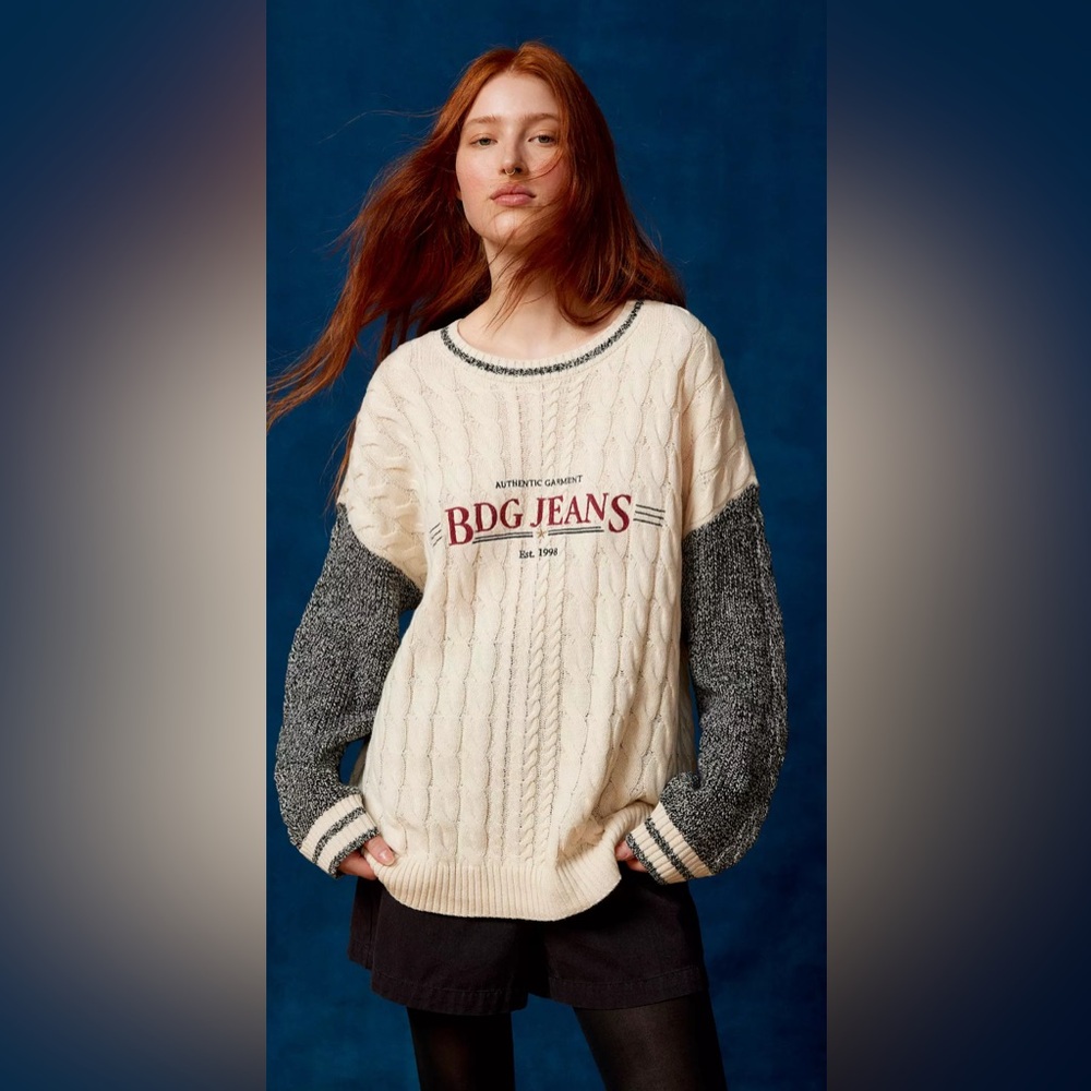 Urban Outfitters Cream and Black Crew Neck Sweater